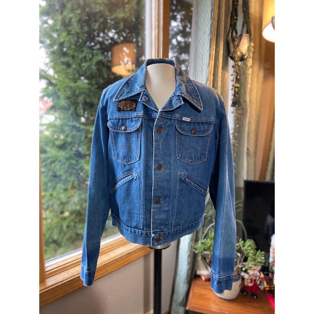 Vtg 70s 80s Wrangler No Fault Denim Sanfor Set Harley David. Patch M Jean Jacket - Picture 2 of 10